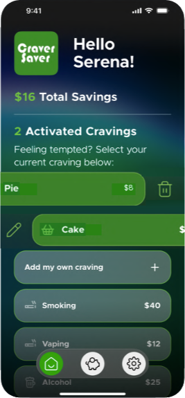 Swipe right to edit or left to delete a craving in Craver Saver