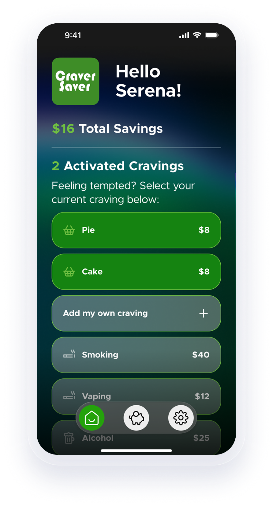 CraverSaver dashboard showing active cravings and total savings